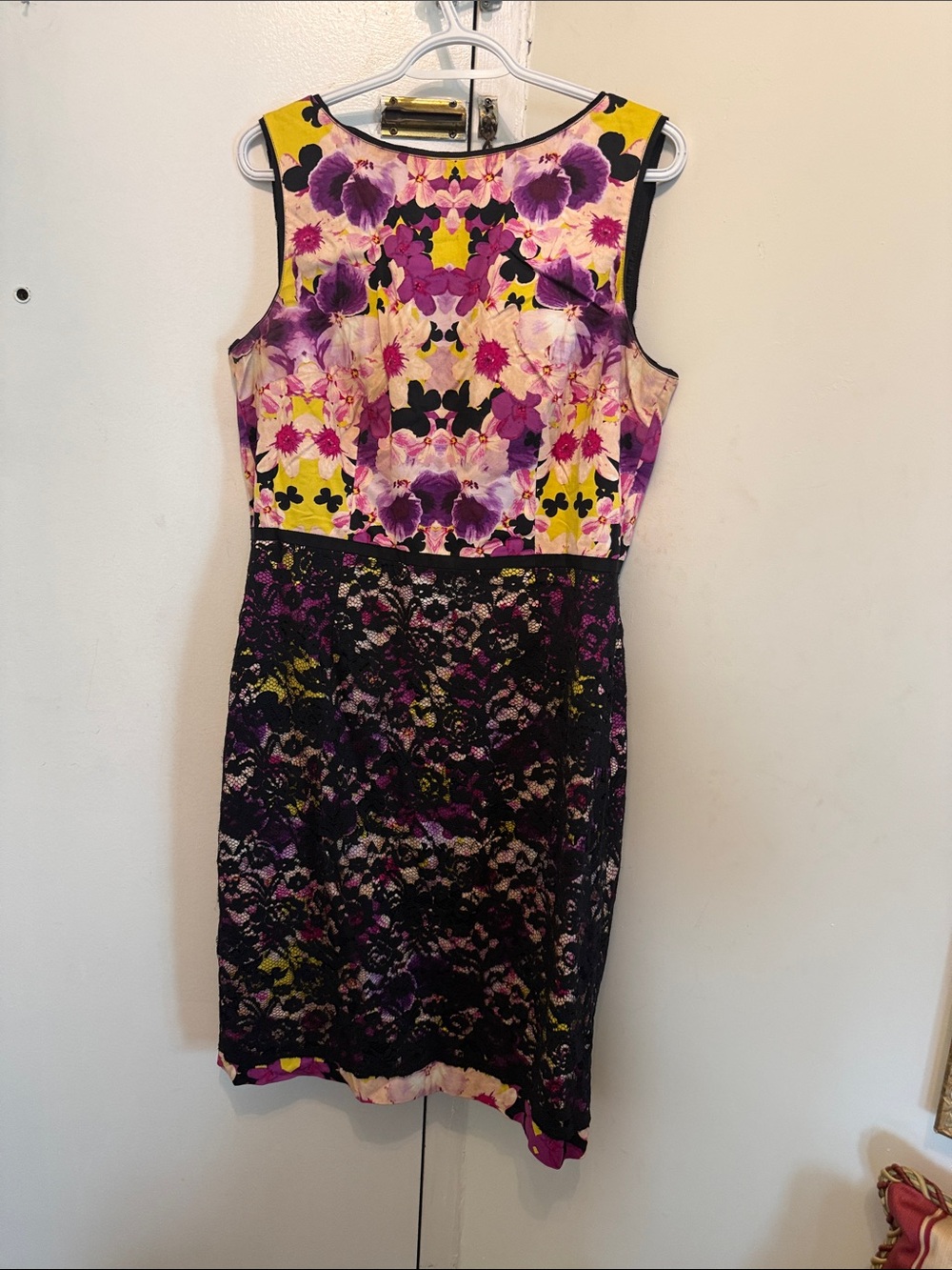 Maggy London Purple, Yellow & Black Floral Lace Midi Dress